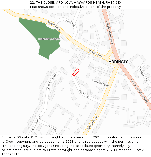 22, THE CLOSE, ARDINGLY, HAYWARDS HEATH, RH17 6TX: Location map and indicative extent of plot