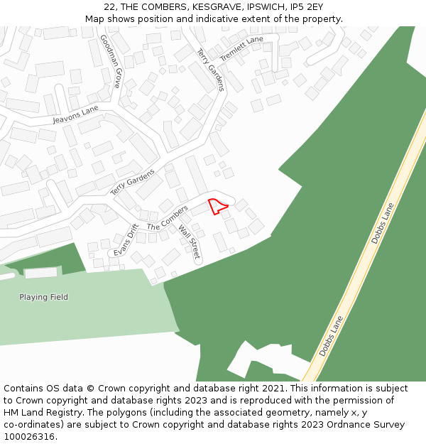 22, THE COMBERS, KESGRAVE, IPSWICH, IP5 2EY: Location map and indicative extent of plot