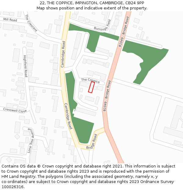 22, THE COPPICE, IMPINGTON, CAMBRIDGE, CB24 9PP: Location map and indicative extent of plot