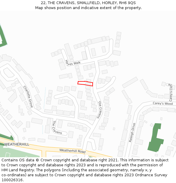 22, THE CRAVENS, SMALLFIELD, HORLEY, RH6 9QS: Location map and indicative extent of plot