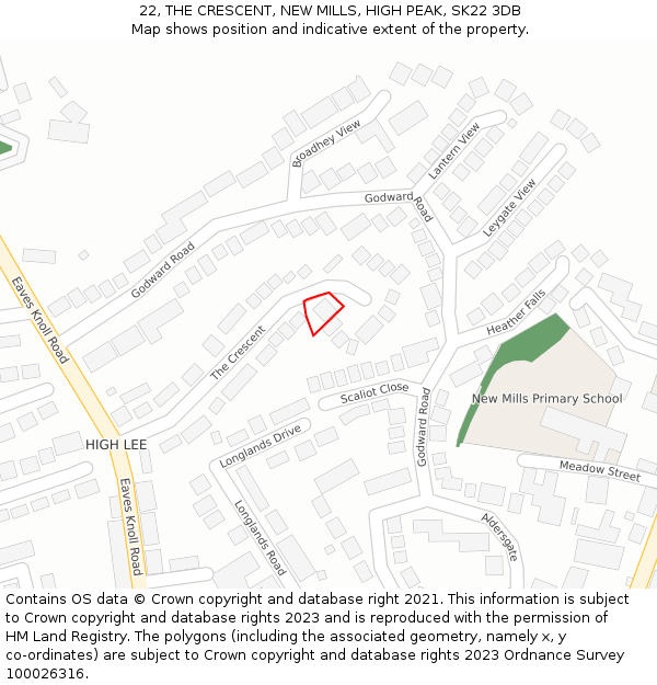 22, THE CRESCENT, NEW MILLS, HIGH PEAK, SK22 3DB: Location map and indicative extent of plot