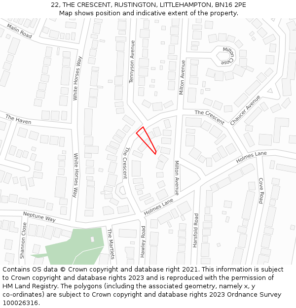 22, THE CRESCENT, RUSTINGTON, LITTLEHAMPTON, BN16 2PE: Location map and indicative extent of plot