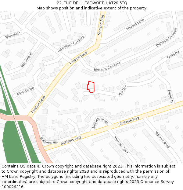 22, THE DELL, TADWORTH, KT20 5TQ: Location map and indicative extent of plot