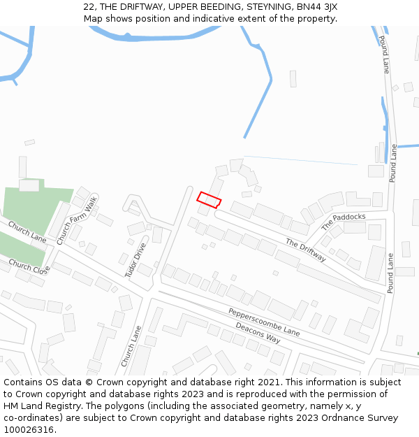 22, THE DRIFTWAY, UPPER BEEDING, STEYNING, BN44 3JX: Location map and indicative extent of plot