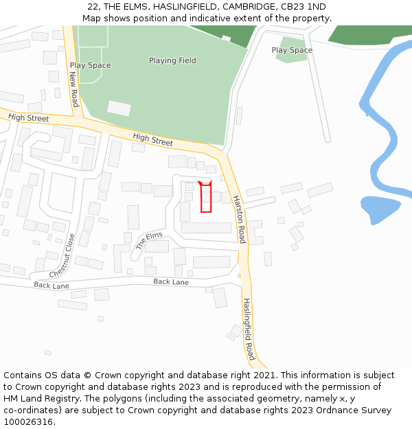22, THE ELMS, HASLINGFIELD, CAMBRIDGE, CB23 1ND: Location map and indicative extent of plot