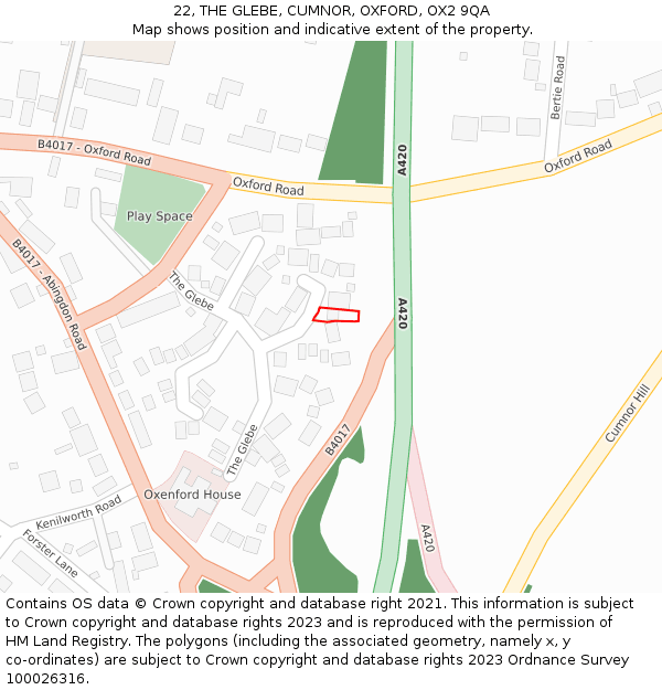 22, THE GLEBE, CUMNOR, OXFORD, OX2 9QA: Location map and indicative extent of plot