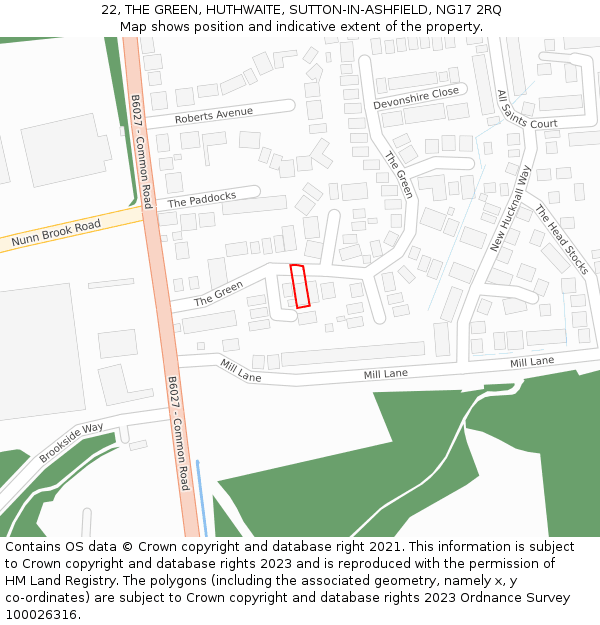 22, THE GREEN, HUTHWAITE, SUTTON-IN-ASHFIELD, NG17 2RQ: Location map and indicative extent of plot