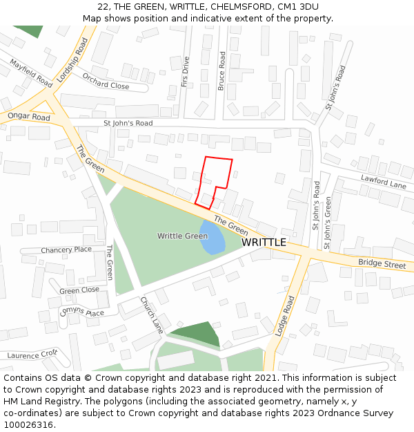 22, THE GREEN, WRITTLE, CHELMSFORD, CM1 3DU: Location map and indicative extent of plot