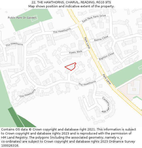 22, THE HAWTHORNS, CHARVIL, READING, RG10 9TS: Location map and indicative extent of plot