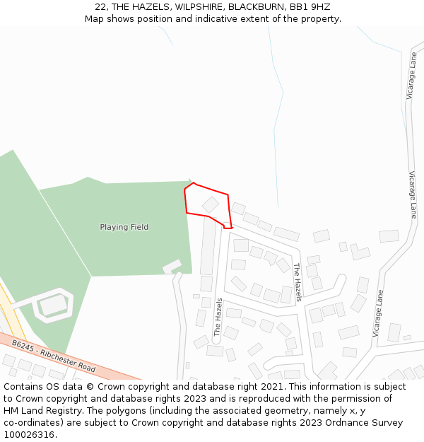 22, THE HAZELS, WILPSHIRE, BLACKBURN, BB1 9HZ: Location map and indicative extent of plot