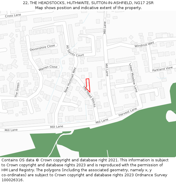 22, THE HEADSTOCKS, HUTHWAITE, SUTTON-IN-ASHFIELD, NG17 2SR: Location map and indicative extent of plot