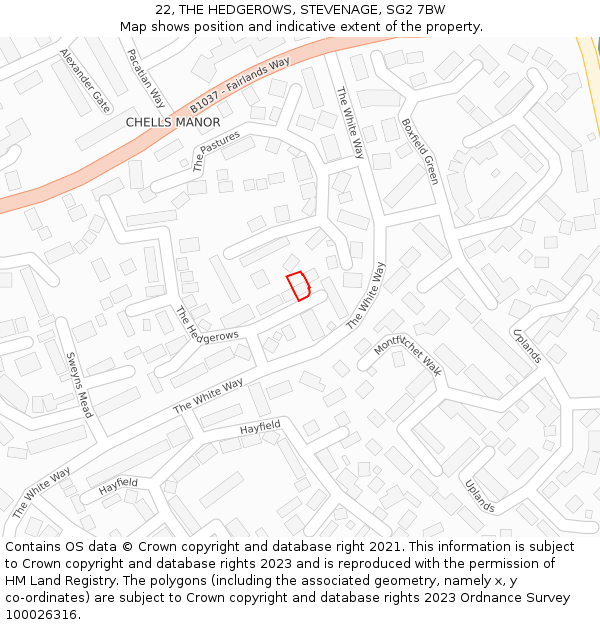 22, THE HEDGEROWS, STEVENAGE, SG2 7BW: Location map and indicative extent of plot