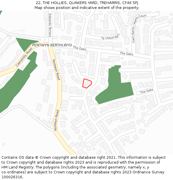 22, THE HOLLIES, QUAKERS YARD, TREHARRIS, CF46 5PJ: Location map and indicative extent of plot