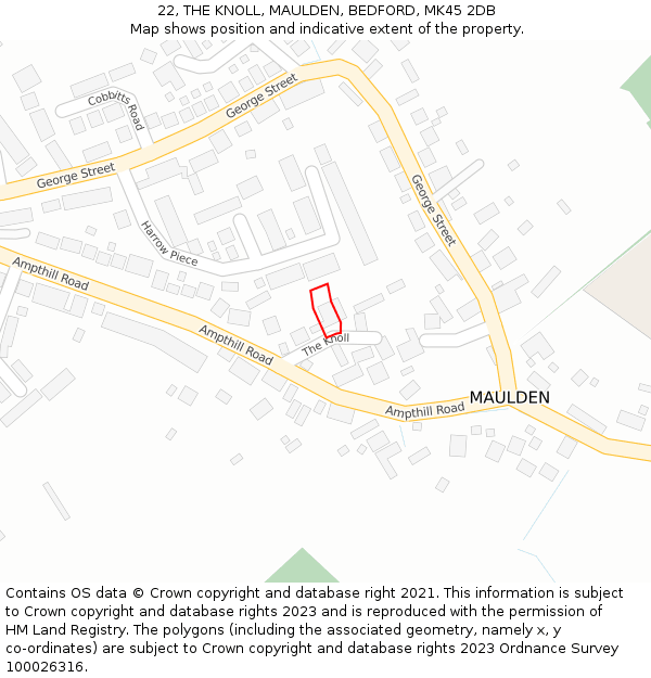 22, THE KNOLL, MAULDEN, BEDFORD, MK45 2DB: Location map and indicative extent of plot