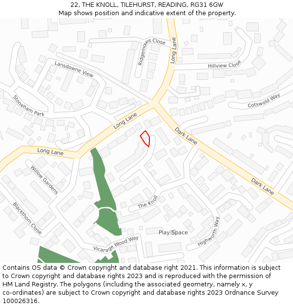 22, THE KNOLL, TILEHURST, READING, RG31 6GW: Location map and indicative extent of plot