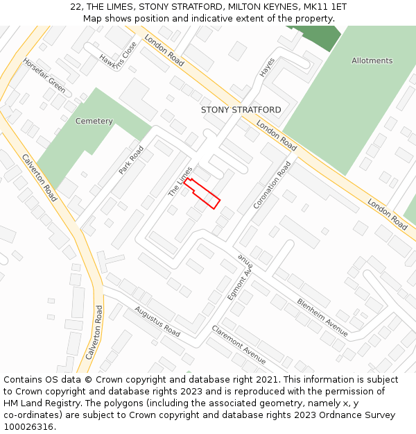 22, THE LIMES, STONY STRATFORD, MILTON KEYNES, MK11 1ET: Location map and indicative extent of plot