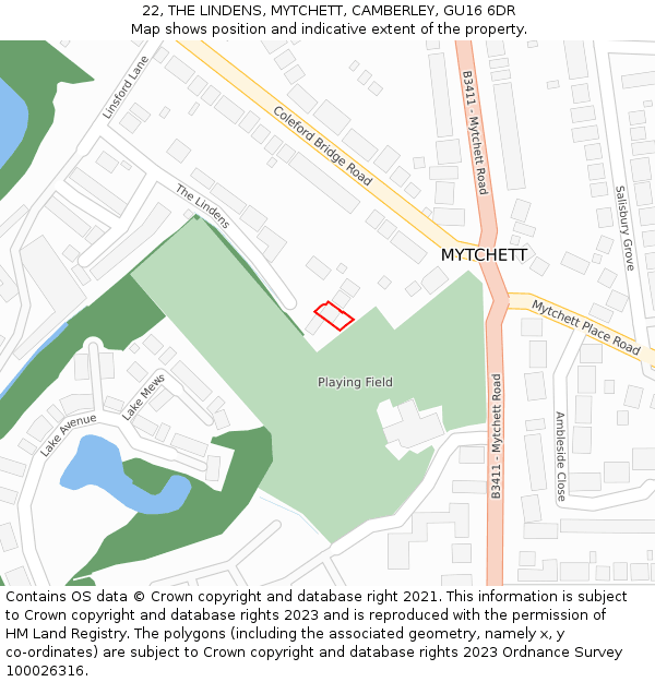 22, THE LINDENS, MYTCHETT, CAMBERLEY, GU16 6DR: Location map and indicative extent of plot