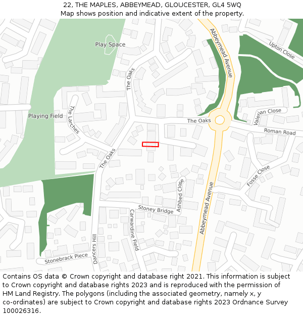 22, THE MAPLES, ABBEYMEAD, GLOUCESTER, GL4 5WQ: Location map and indicative extent of plot