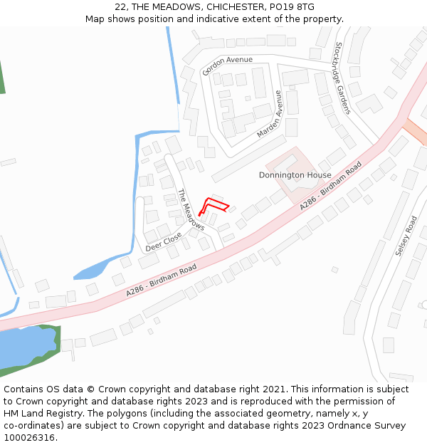 22, THE MEADOWS, CHICHESTER, PO19 8TG: Location map and indicative extent of plot