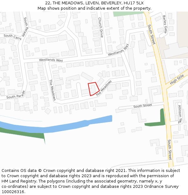 22, THE MEADOWS, LEVEN, BEVERLEY, HU17 5LX: Location map and indicative extent of plot