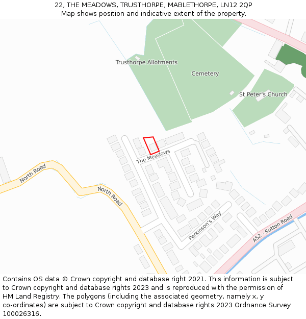 22, THE MEADOWS, TRUSTHORPE, MABLETHORPE, LN12 2QP: Location map and indicative extent of plot