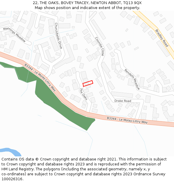 22, THE OAKS, BOVEY TRACEY, NEWTON ABBOT, TQ13 9QX: Location map and indicative extent of plot
