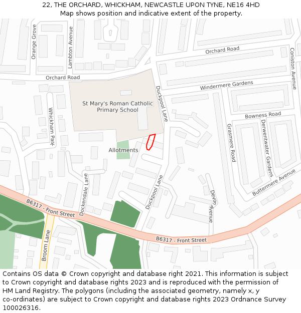 22, THE ORCHARD, WHICKHAM, NEWCASTLE UPON TYNE, NE16 4HD: Location map and indicative extent of plot