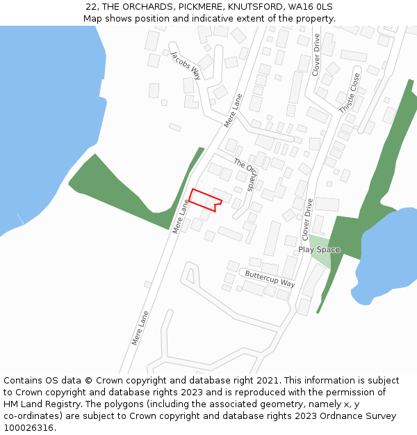 22, THE ORCHARDS, PICKMERE, KNUTSFORD, WA16 0LS: Location map and indicative extent of plot