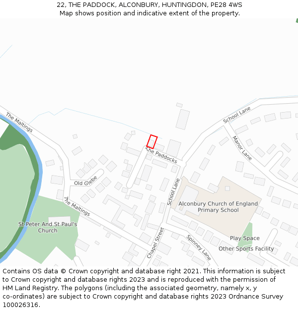 22, THE PADDOCK, ALCONBURY, HUNTINGDON, PE28 4WS: Location map and indicative extent of plot