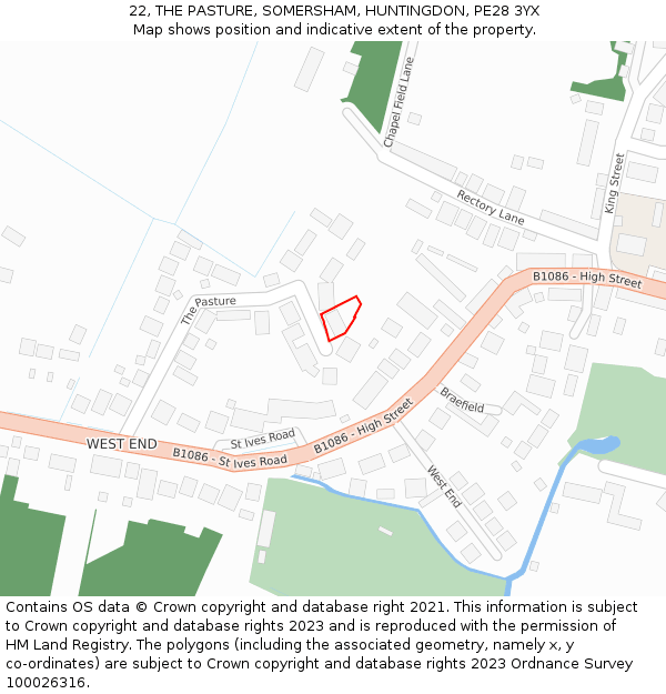 22, THE PASTURE, SOMERSHAM, HUNTINGDON, PE28 3YX: Location map and indicative extent of plot