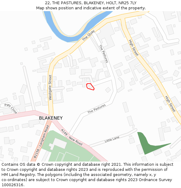 22, THE PASTURES, BLAKENEY, HOLT, NR25 7LY: Location map and indicative extent of plot