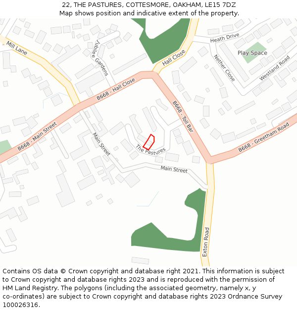 22, THE PASTURES, COTTESMORE, OAKHAM, LE15 7DZ: Location map and indicative extent of plot