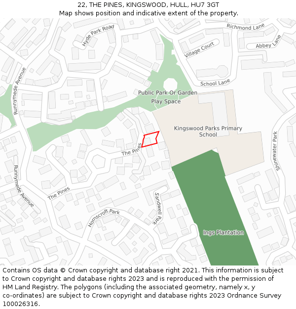 22, THE PINES, KINGSWOOD, HULL, HU7 3GT: Location map and indicative extent of plot