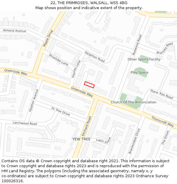 22, THE PRIMROSES, WALSALL, WS5 4BG: Location map and indicative extent of plot