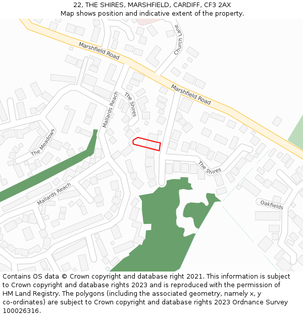 22, THE SHIRES, MARSHFIELD, CARDIFF, CF3 2AX: Location map and indicative extent of plot