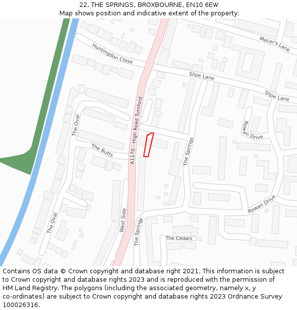 22, THE SPRINGS, BROXBOURNE, EN10 6EW: Location map and indicative extent of plot