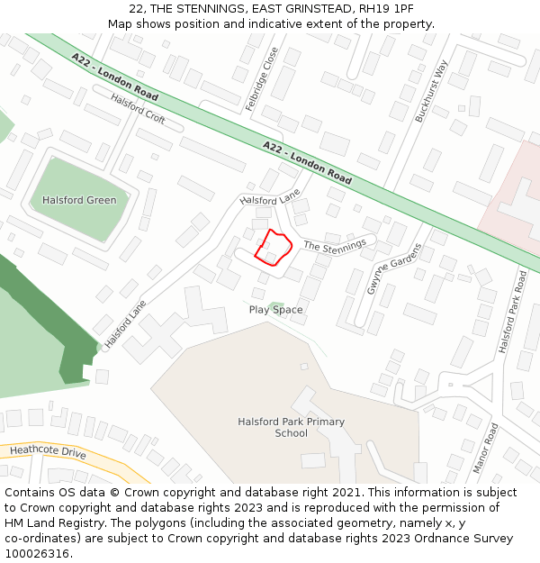 22, THE STENNINGS, EAST GRINSTEAD, RH19 1PF: Location map and indicative extent of plot