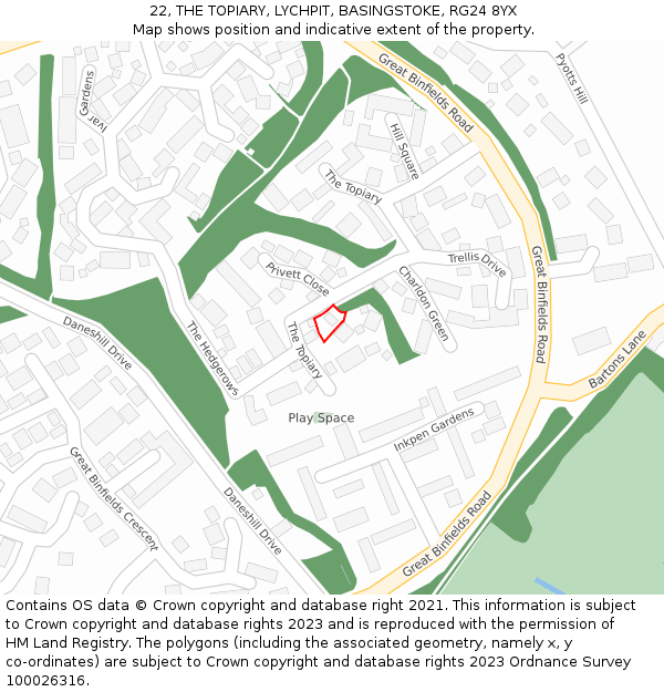 22, THE TOPIARY, LYCHPIT, BASINGSTOKE, RG24 8YX: Location map and indicative extent of plot