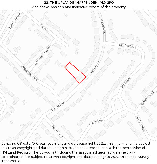 22, THE UPLANDS, HARPENDEN, AL5 2PQ: Location map and indicative extent of plot