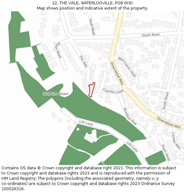 22, THE VALE, WATERLOOVILLE, PO8 0HD: Location map and indicative extent of plot