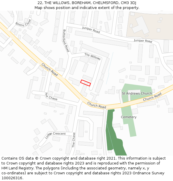 22, THE WILLOWS, BOREHAM, CHELMSFORD, CM3 3DJ: Location map and indicative extent of plot
