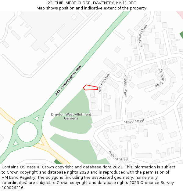 22, THIRLMERE CLOSE, DAVENTRY, NN11 9EG: Location map and indicative extent of plot