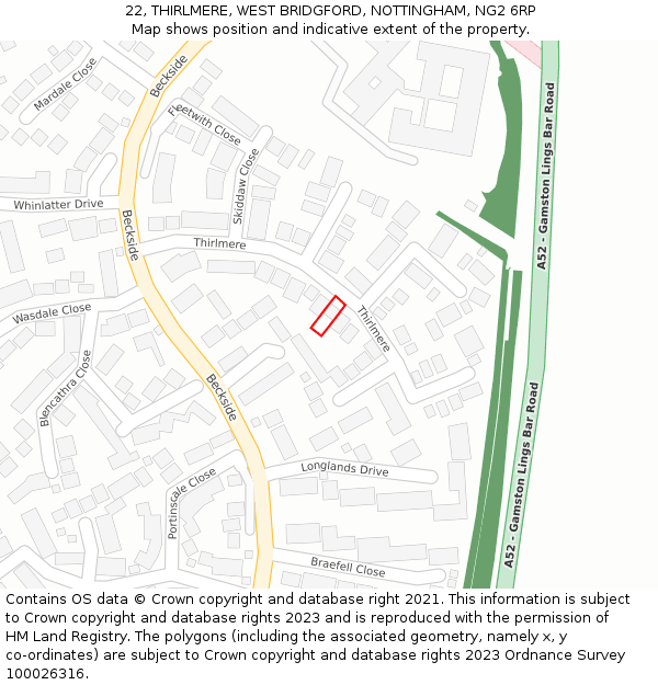 22, THIRLMERE, WEST BRIDGFORD, NOTTINGHAM, NG2 6RP: Location map and indicative extent of plot