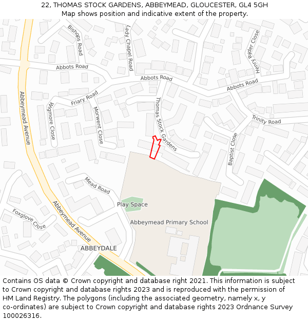 22, THOMAS STOCK GARDENS, ABBEYMEAD, GLOUCESTER, GL4 5GH: Location map and indicative extent of plot