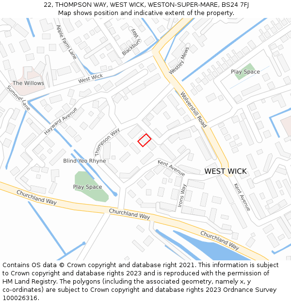 22, THOMPSON WAY, WEST WICK, WESTON-SUPER-MARE, BS24 7FJ: Location map and indicative extent of plot