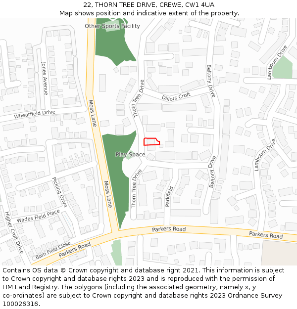 22, THORN TREE DRIVE, CREWE, CW1 4UA: Location map and indicative extent of plot