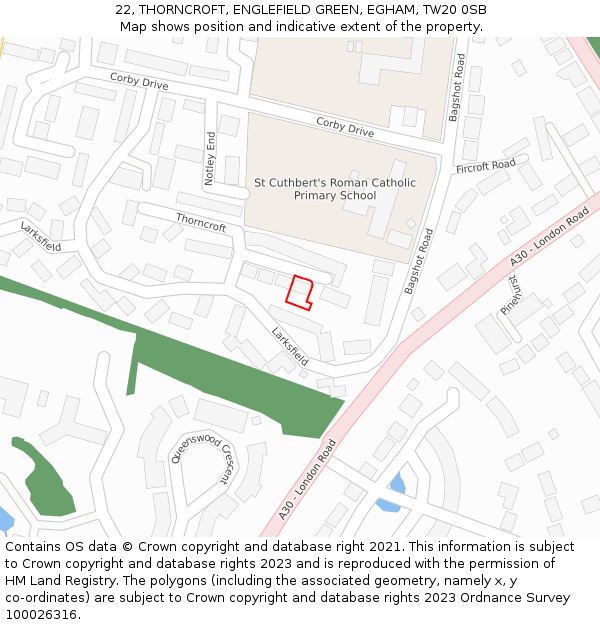 22, THORNCROFT, ENGLEFIELD GREEN, EGHAM, TW20 0SB: Location map and indicative extent of plot