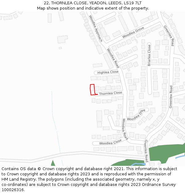 22, THORNLEA CLOSE, YEADON, LEEDS, LS19 7LT: Location map and indicative extent of plot