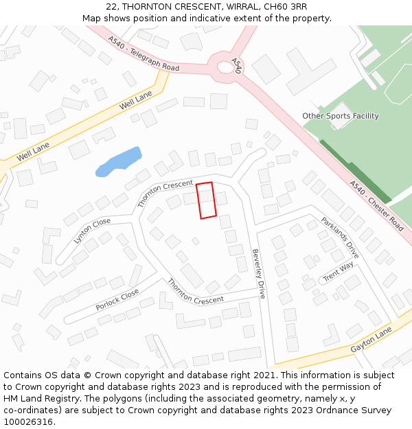 22, THORNTON CRESCENT, WIRRAL, CH60 3RR: Location map and indicative extent of plot
