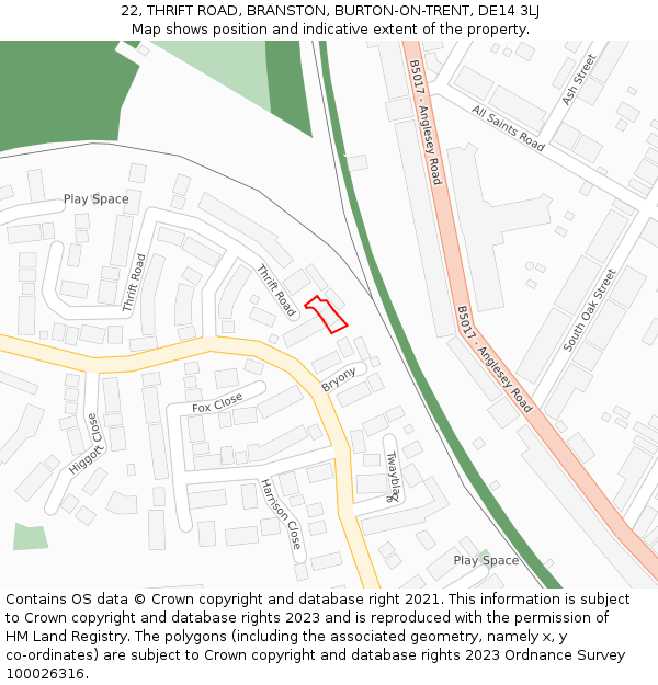 22, THRIFT ROAD, BRANSTON, BURTON-ON-TRENT, DE14 3LJ: Location map and indicative extent of plot